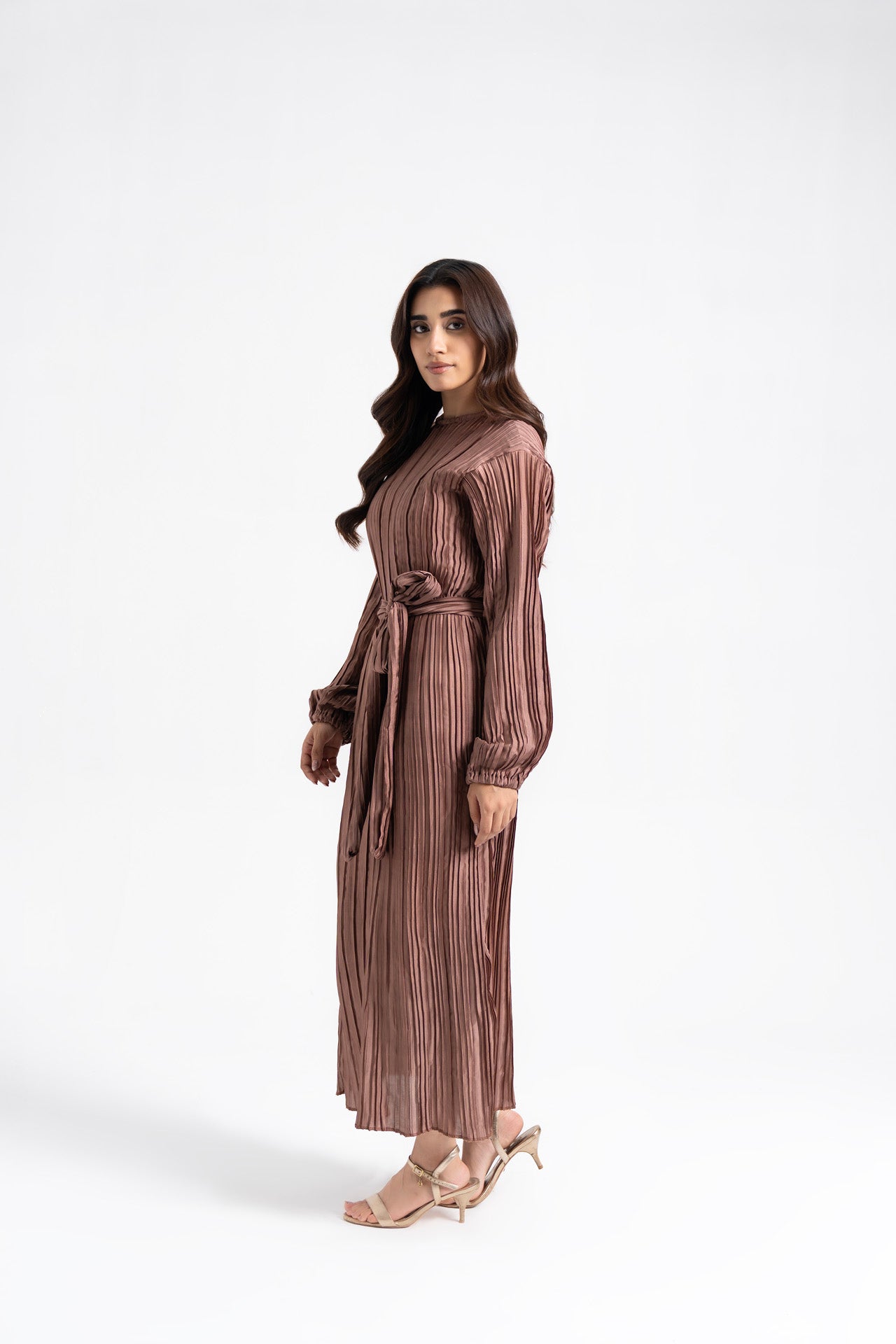 Pleated Puff Sleeve Dress - Mauve