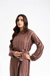 Pleated Puff Sleeve Dress - Mauve