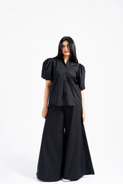 Puff Sleeve Button-Down Top - Black