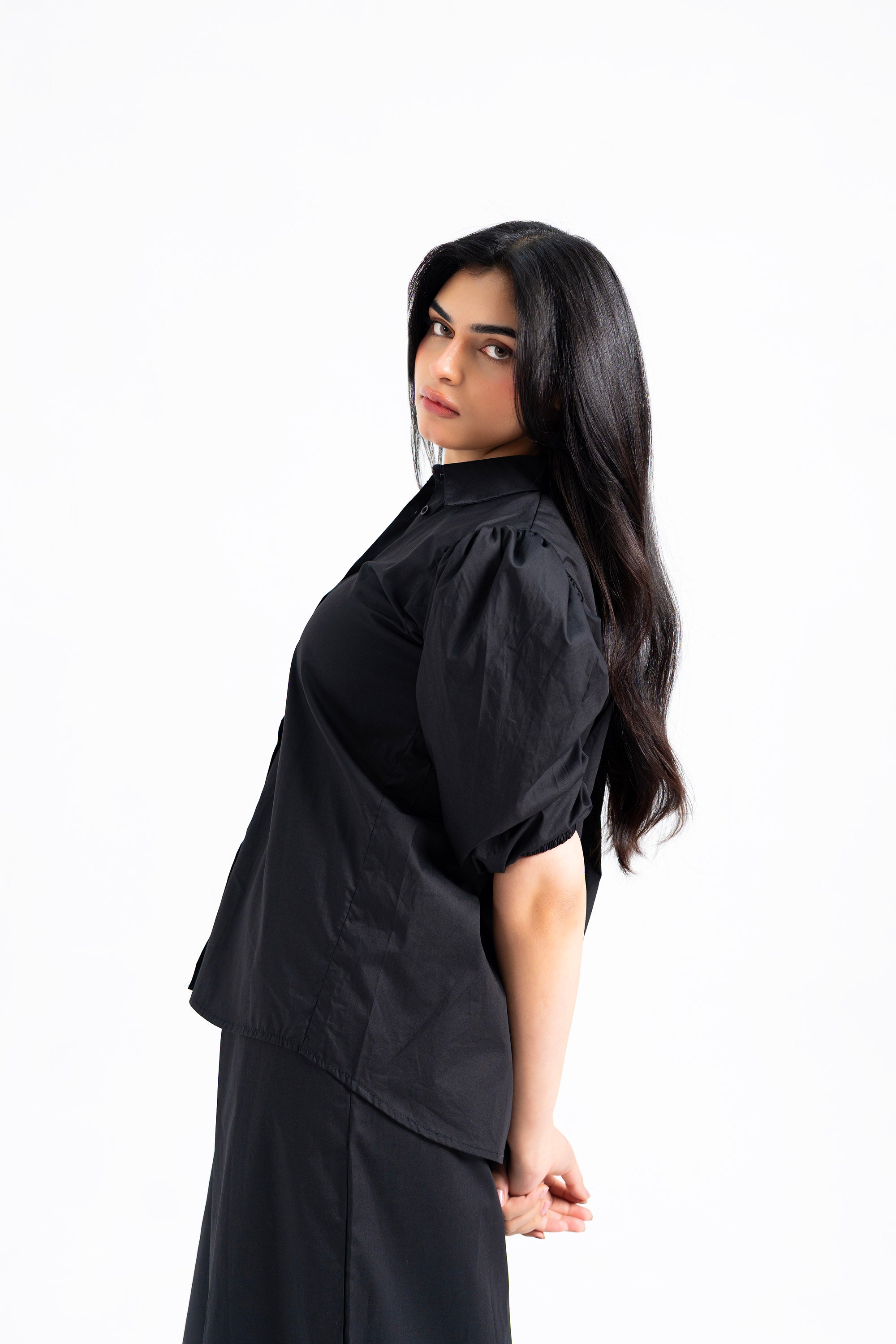 Puff Sleeve Button-Down Top - Black