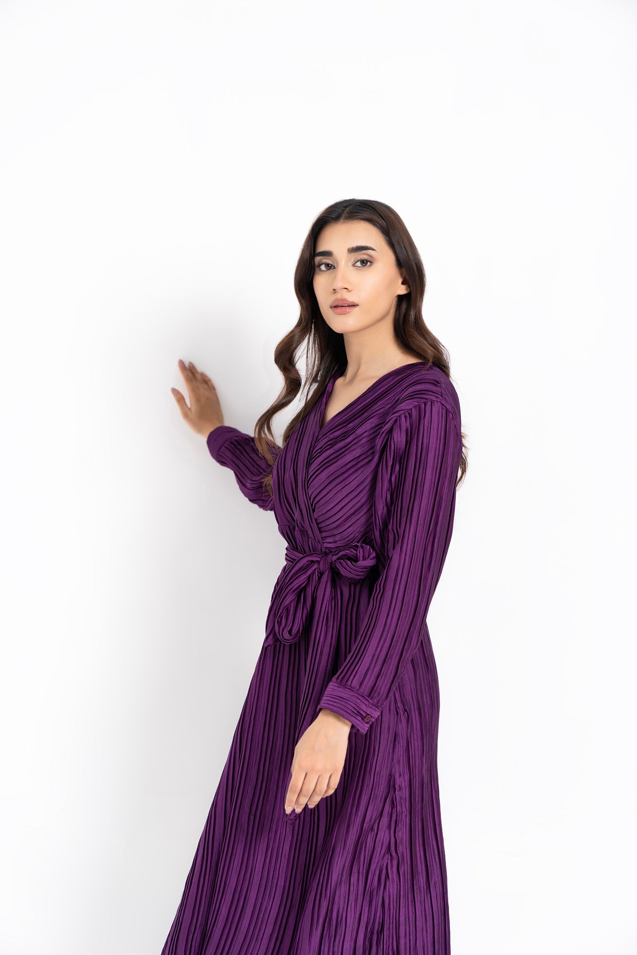 Pleated Wrap Dress - Plum
