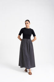 Short Sleeve Knit & Cotton Maxi Dress - Black & White Heart Print