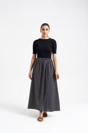 Short Sleeve Knit & Cotton Maxi Dress - Black & White Heart Print