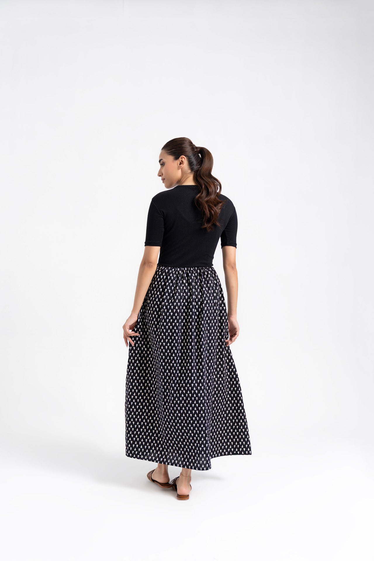 Short Sleeve Knit & Cotton Maxi Dress - Black & White Heart Print
