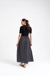 Short Sleeve Knit & Cotton Maxi Dress - Black & White Heart Print
