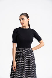 Short Sleeve Knit & Cotton Maxi Dress - Black & White Heart Print