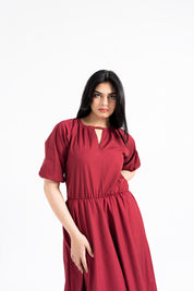 Puff Sleeve Cotton Bubble Hem Dress - Maroon