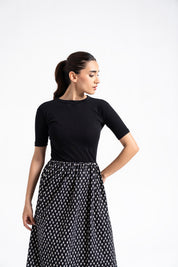 Short Sleeve Knit & Cotton Maxi Dress - Black & White Heart Print