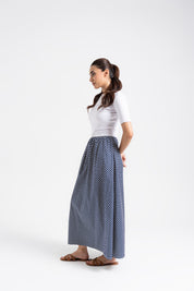 Short Sleeve Knit & Cotton Maxi Dress - White & Blue Polka Dots