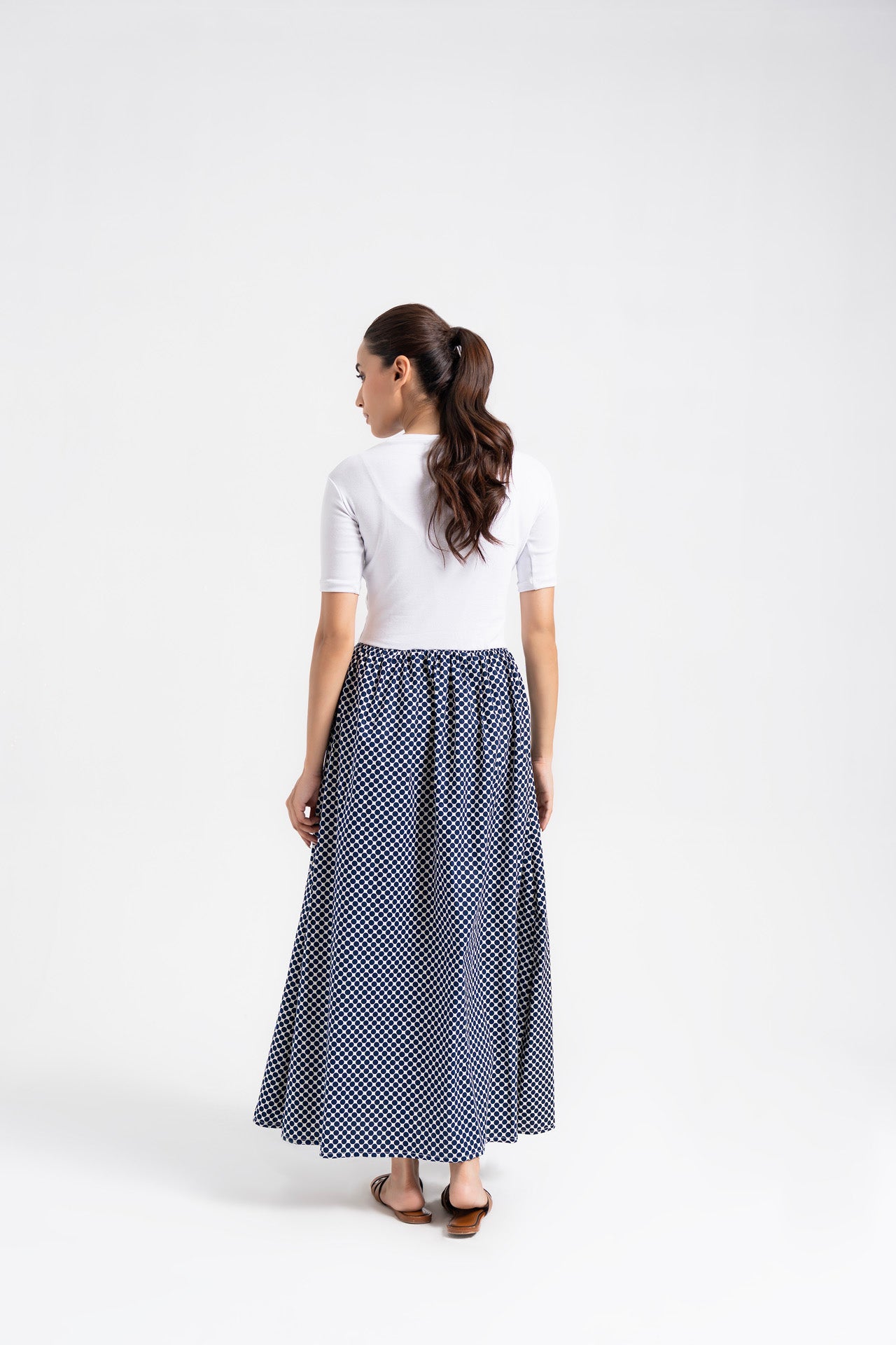 Short Sleeve Knit & Cotton Maxi Dress - White & Blue Polka Dots