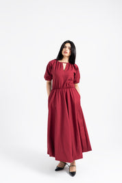 Puff Sleeve Cotton Bubble Hem Dress - Maroon