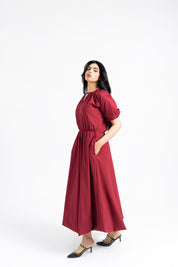 Puff Sleeve Cotton Bubble Hem Dress - Maroon