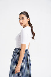 Short Sleeve Knit & Cotton Maxi Dress - White & Blue Polka Dots