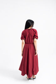 Puff Sleeve Cotton Bubble Hem Dress - Maroon