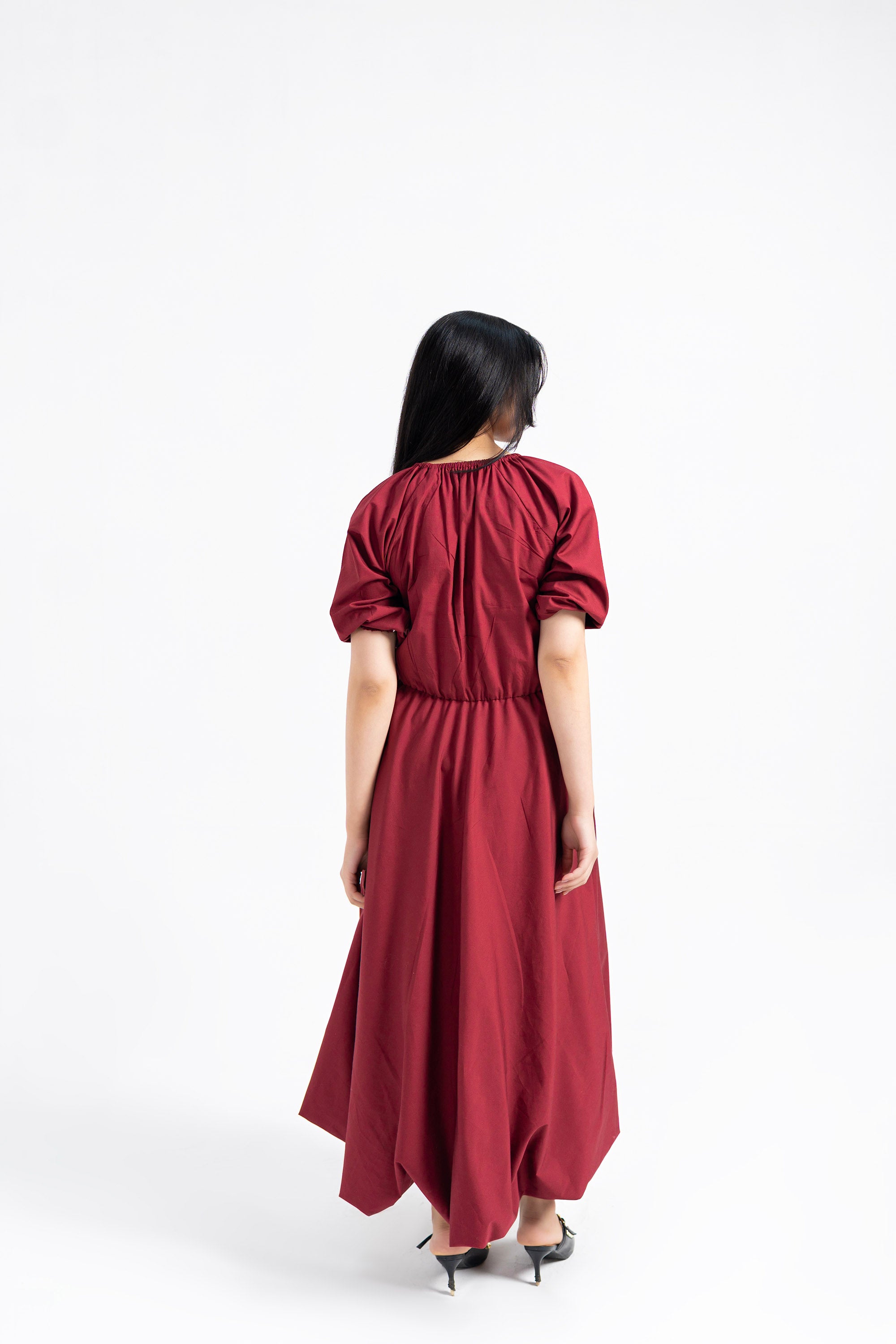Puff Sleeve Cotton Bubble Hem Dress - Maroon
