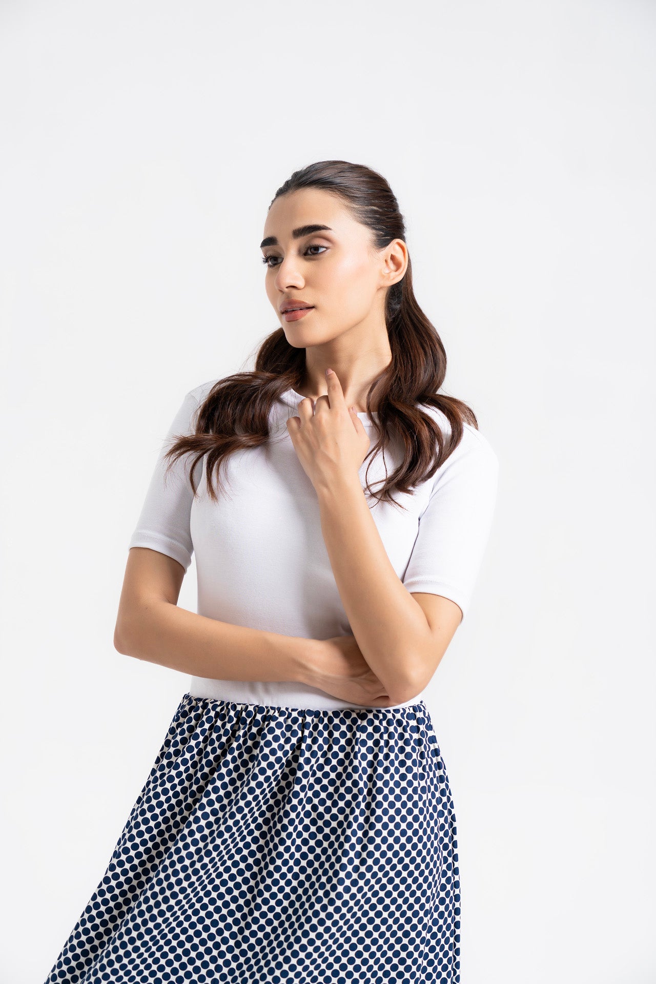 Short Sleeve Knit & Cotton Maxi Dress - White & Blue Polka Dots