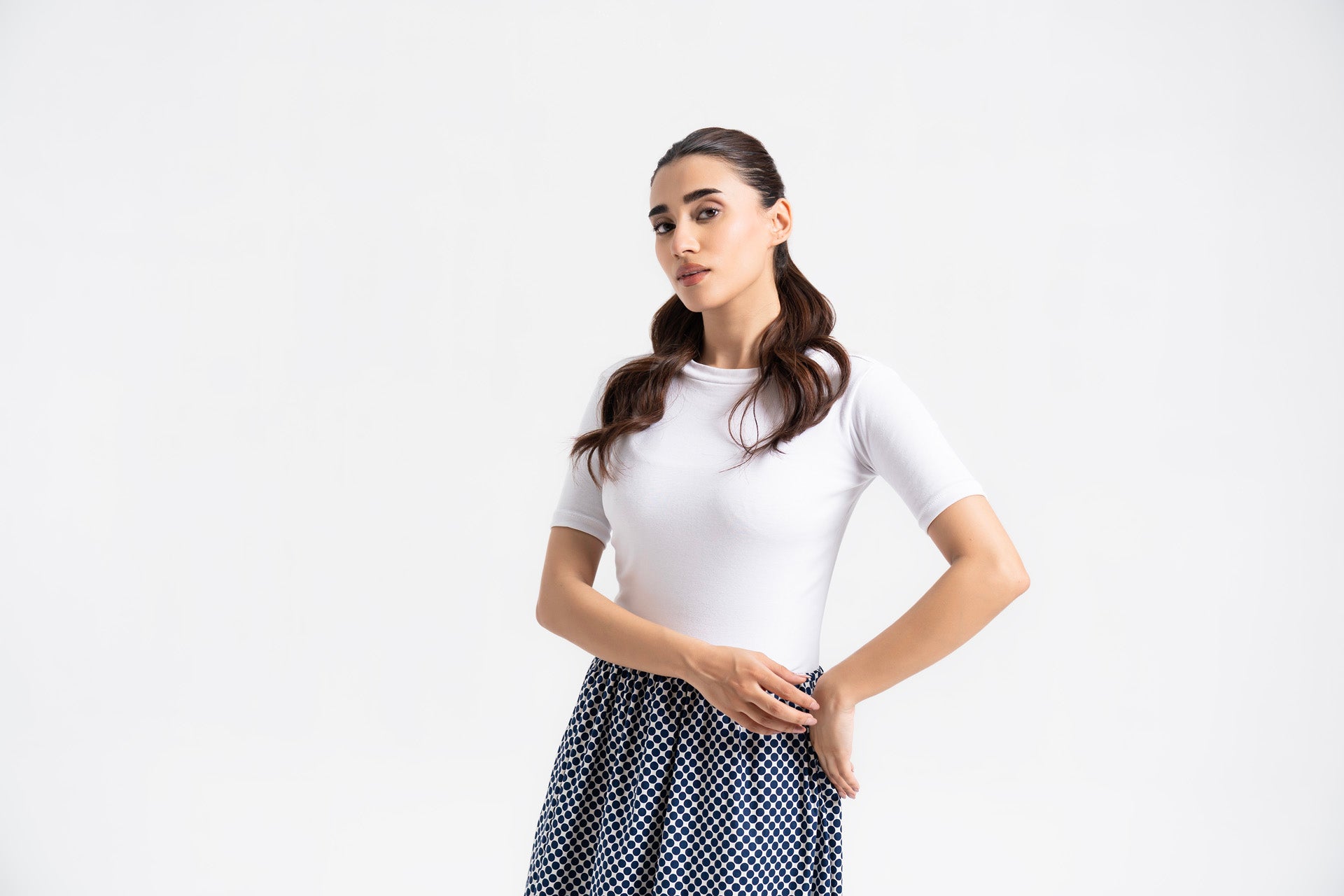 Short Sleeve Knit & Cotton Maxi Dress - White & Blue Polka Dots