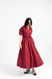 Puff Sleeve Cotton Bubble Hem Dress - Maroon