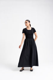 Short Sleeve Henley & Cotton Maxi Dress - Black