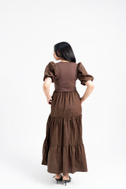 V Neck Ribbed Tiered Maxi Dress - Brown