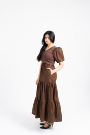 V Neck Ribbed Tiered Maxi Dress - Brown