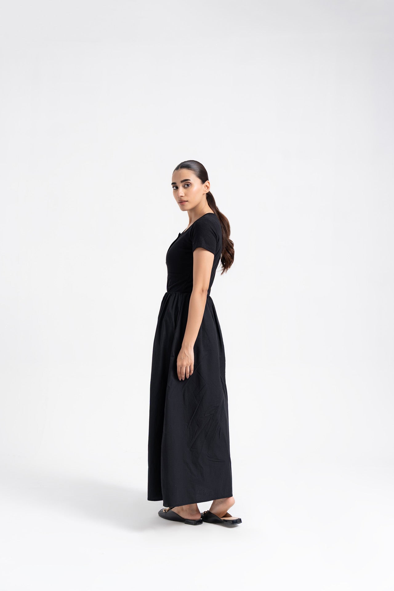 Short Sleeve Henley & Cotton Maxi Dress - Black