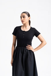 Short Sleeve Henley & Cotton Maxi Dress - Black