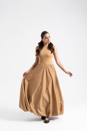 Sleeveless Ribbed Bubble Hem Dress - Camel Brown