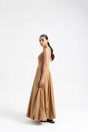 Sleeveless Ribbed Bubble Hem Dress - Camel Brown
