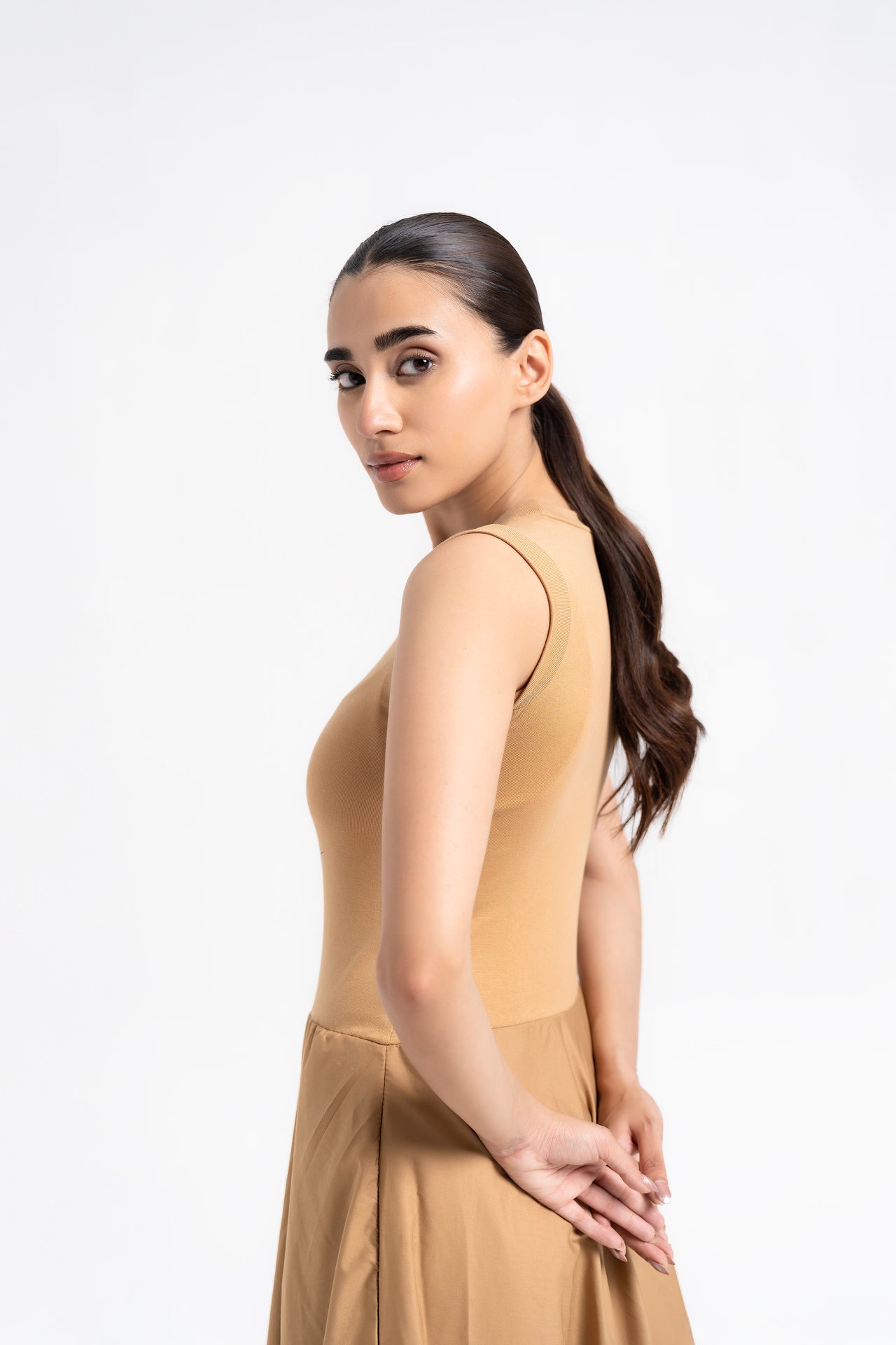 Sleeveless Ribbed Bubble Hem Dress - Camel Brown
