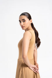 Sleeveless Ribbed Bubble Hem Dress - Camel Brown