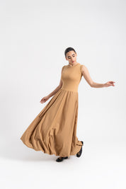 Sleeveless Ribbed Bubble Hem Dress - Camel Brown