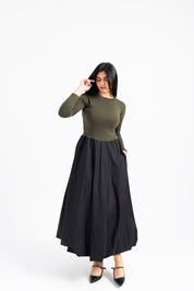 Full Sleeve Ribbed Bubble Hem Dress - Green & Black