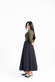 Full Sleeve Ribbed Bubble Hem Dress - Green & Black