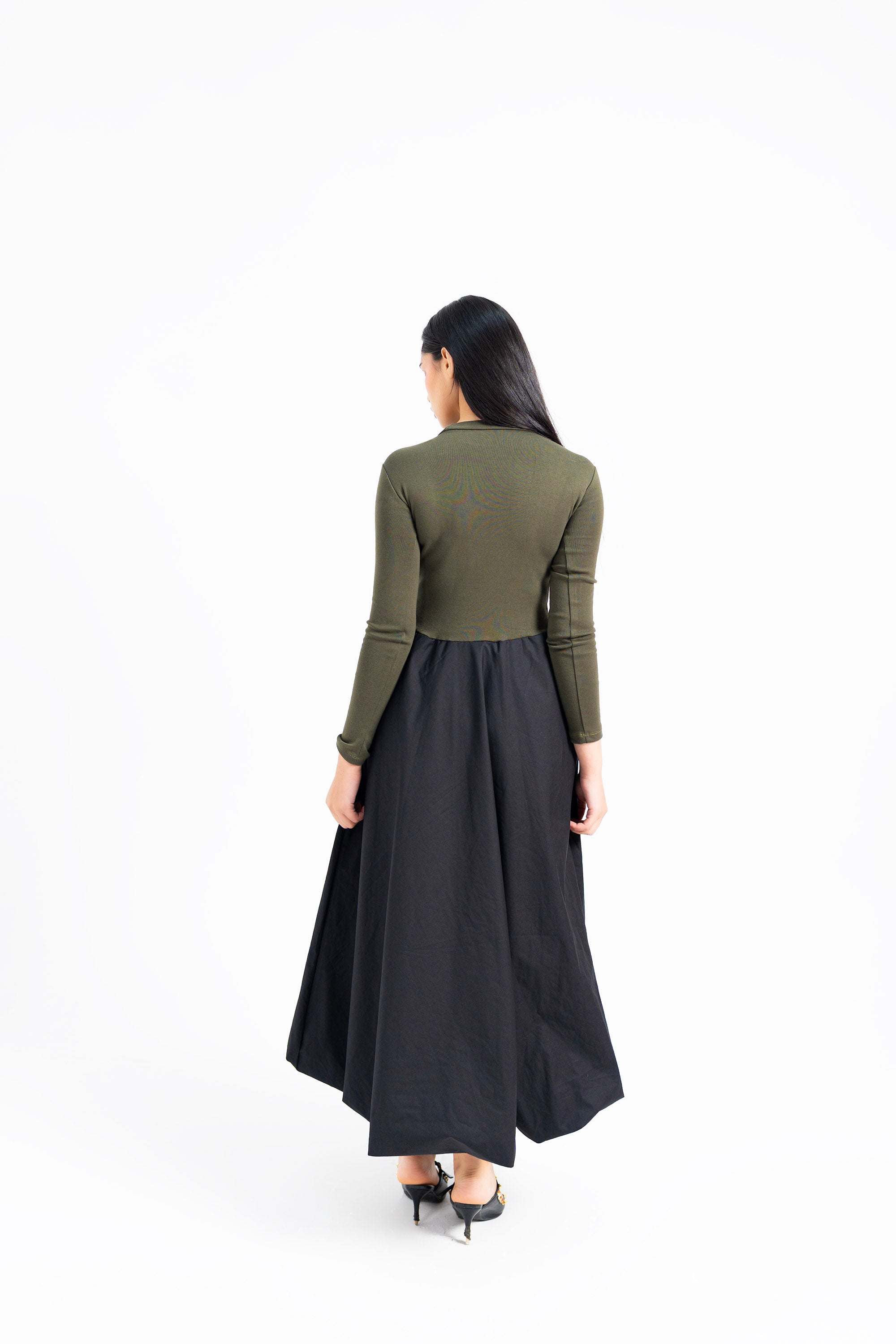 Full Sleeve Ribbed Bubble Hem Dress - Green & Black