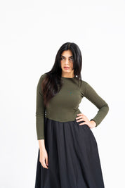 Full Sleeve Ribbed Bubble Hem Dress - Green & Black