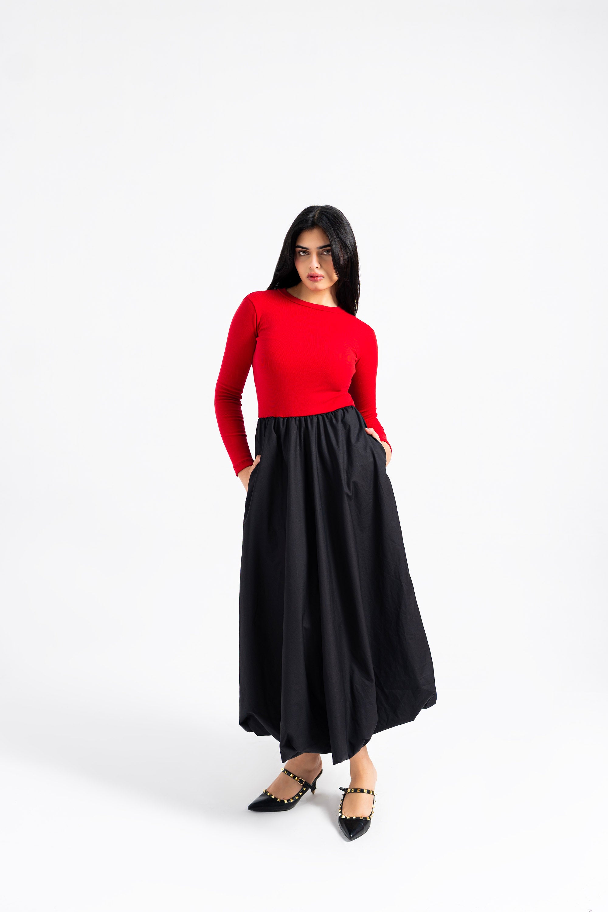 Full Sleeve Ribbed Bubble Hem Dress - Red & Black