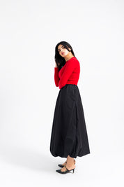 Full Sleeve Ribbed Bubble Hem Dress - Red & Black
