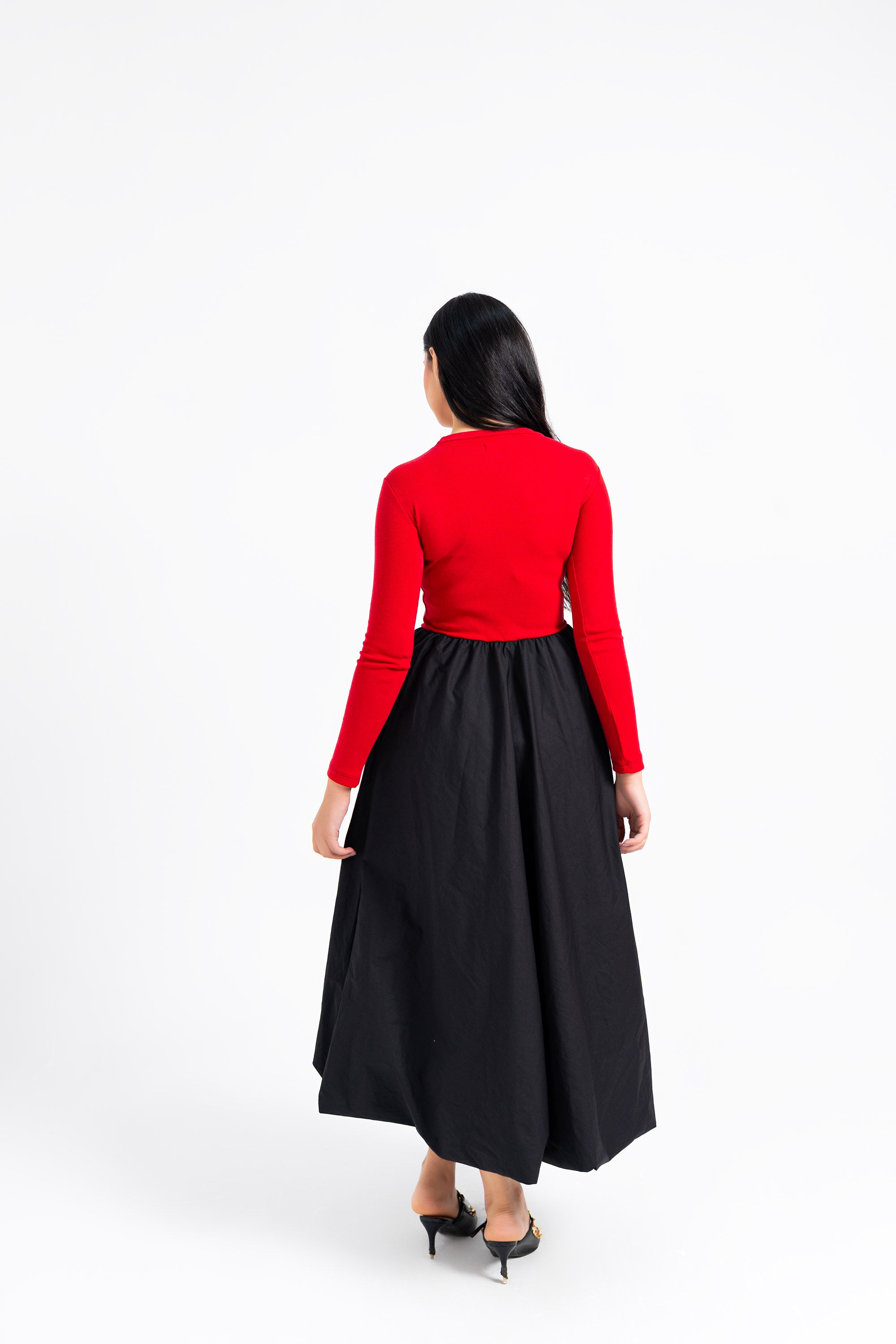 Full Sleeve Ribbed Bubble Hem Dress - Red & Black