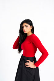 Full Sleeve Ribbed Bubble Hem Dress - Red & Black