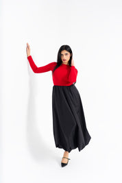 Full Sleeve Ribbed Bubble Hem Dress - Red & Black