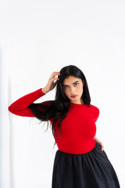 Full Sleeve Ribbed Bubble Hem Dress - Red & Black