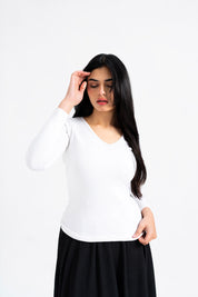 V Neck Ribbed Top - White