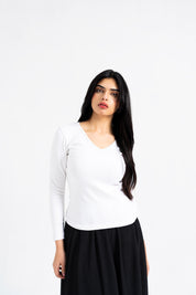 V Neck Ribbed Top - White