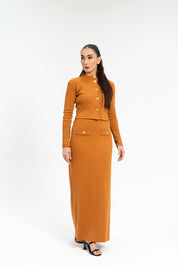 Cropped Knit Top with Golden Button - Mustard Brown