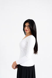 V Neck Ribbed Top - White