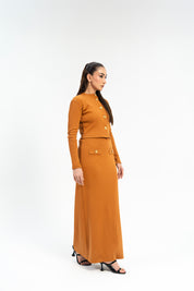 Cropped Knit Top with Golden Button - Mustard Brown