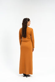 Cropped Knit Top with Golden Button - Mustard Brown