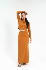 Cropped Knit Top with Golden Button - Mustard Brown