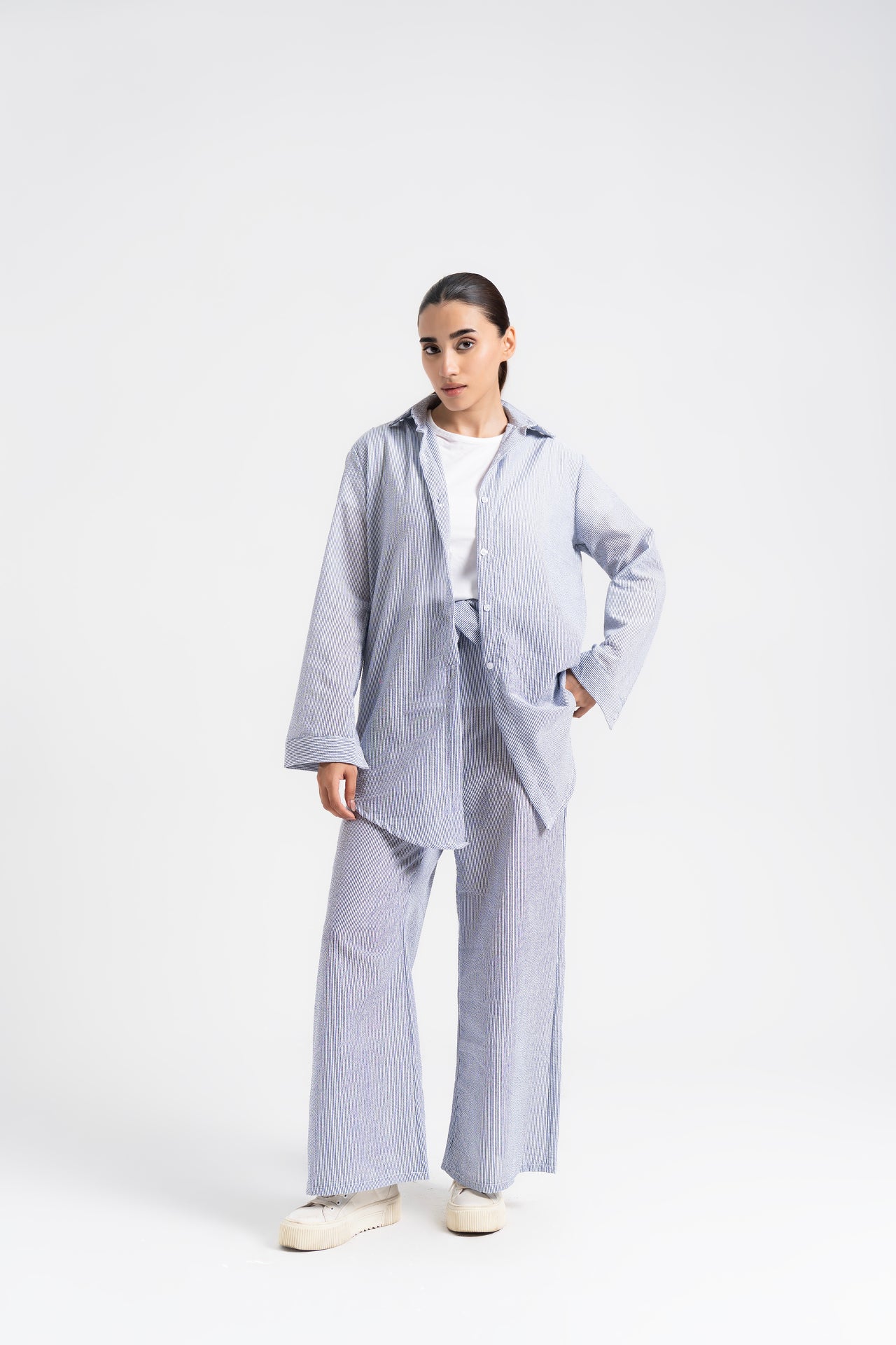 Belted Culotte Pant - Blue White Stripes